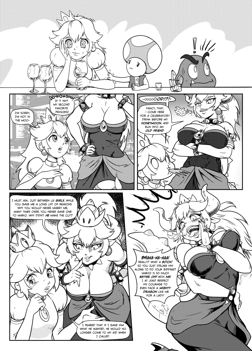 alcohol alternate_species animal_humanoid beverage bowser bowsette_meme breasts cleavage clothed clothing collar comic crossgender dialogue digital_drawing_(artwork) digital_media_(artwork) fangs female fire goomba group hi_res humanoid koopa mario_bros nintendo pencils_(artist) princess_peach scalie spiked_collar spikes super_crown tears toad_(mario) tongue tongue_out video_games wine