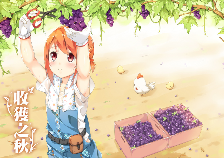 armpit_peek armpits arms_up bare_arms belt belt_pouch bird black_belt blush box braid branch chick chicken closed_mouth collarbone commentary cowboy_shot crown_braid day floral_print food fruit gloves grape_vine grapes hair_ribbon harvest hatsunatsu highres holding holding_food holding_fruit holding_scissors leaf looking_up orange_hair original outdoors overalls plaid plant pouch print_towel red_eyes red_ribbon ribbon scissors shirt short_sleeves sidelocks smile solo standing stick suspenders sweat tareme towel towel_around_neck translated utility_belt vines wet wet_clothes wet_shirt white_gloves white_shirt white_towel