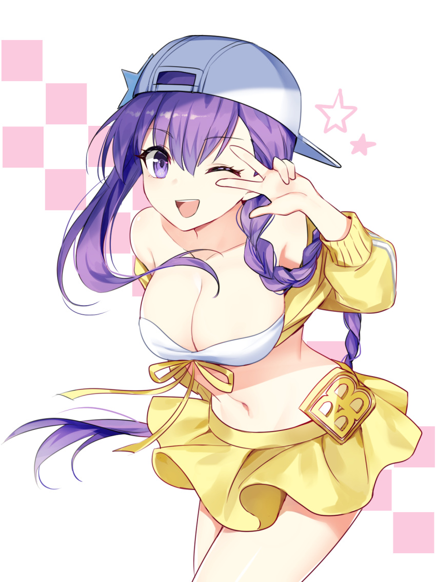 1girl ;d backwards_hat bandeau bangs bare_shoulders baseball_cap bb_(fate)_(all) bb_(swimsuit_mooncancer)_(fate) braid breasts character_name cleavage collarbone cowboy_shot eyebrows_visible_through_hair fate/grand_order fate_(series) floating_hair groin hair_between_eyes hand_up hat highres jacket large_breasts leaning_forward long_hair long_sleeves looking_at_viewer miniskirt navel off_shoulder one_eye_closed open_mouth purple_eyes purple_hair ribbon sada_(sadahalu) shiny shiny_hair side_braid sidelocks single_braid skirt smile solo standing star stomach very_long_hair w w_over_eye white_background white_hat yellow_jacket yellow_ribbon yellow_skirt