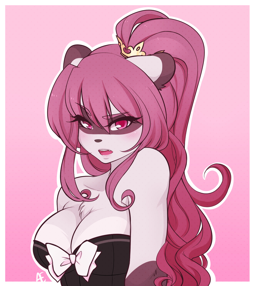 2014 anthro big_breasts blush bow breasts cleavage clothed clothing corset crown fangs female hair hi_res lingerie long_hair mammal mona_(spittfire) pink_hair ponytail portrait princess purple_eyes raccoon ribbons royalty solo spittfire_(artist) tiara