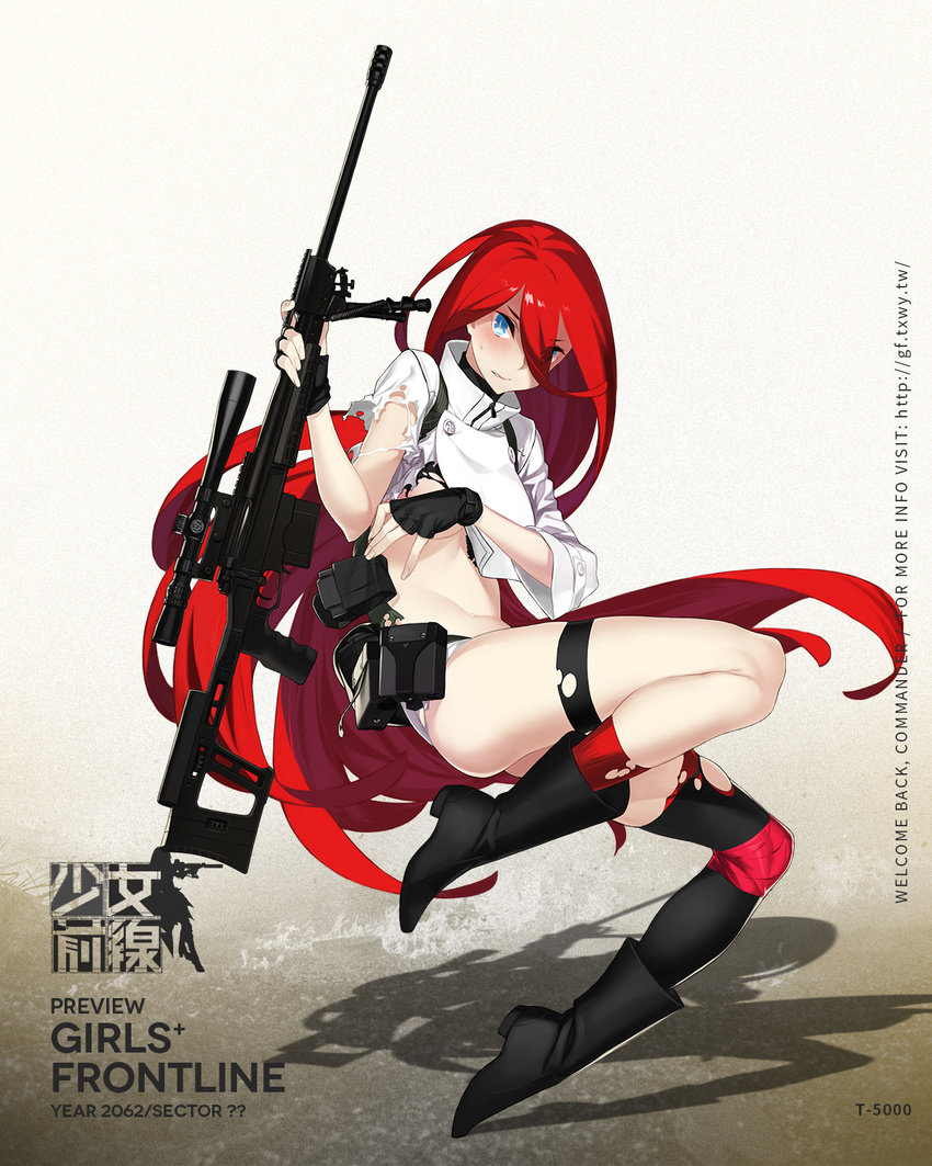 92m ass bipod black_footwear black_gloves black_legwear blue_eyes blush boots breasts bright_pupils covering covering_breasts crop_top eyes_visible_through_hair fingerless_gloves full_body girls_frontline gloves gun hair_between_eyes highres long_hair looking_at_viewer medium_breasts midriff navel official_art parted_lips pouch red_hair red_legwear rifle scope short_shorts shorts single_sock single_thighhigh sniper_rifle socks solo sweatdrop t-5000_(girls_frontline) thigh_strap thighhighs torn_clothes very_long_hair weapon