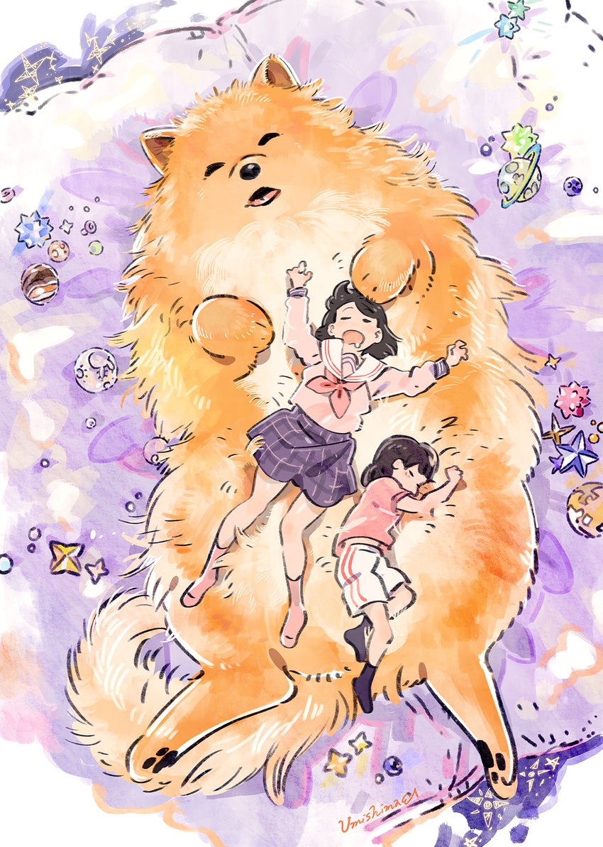 animal bangs black_hair blue_skirt blush closed_eyes commentary dog drooling eyebrows_visible_through_hair highres long_sleeves lying multiple_girls neckerchief no_shoes on_back on_side open_mouth orange_fur original oversized_animal pink_legwear pink_shirt planet red_neckwear school_uniform shirt short_hair short_sleeves shorts signature skirt sleeping socks star umishima_senbon