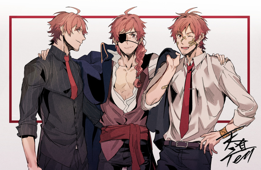 3boys ahoge bandaid bandaid_on_arm bandaid_on_face bangs bare_chest belt black_pants black_shirt dress_shirt dual_persona eyebrows_visible_through_hair eyepatch facial_hair goatee hand_on_another's_shoulder highres idolmaster idolmaster_side-m jacket_on_shoulders looking_at_viewer messy_hair multiple_boys open_clothes open_shirt pants parted_bangs pirate_costume ponytail profile red_background red_eyes red_hair red_neckwear red_sash ryeon_(gs_oik) shirt signature sleeves_rolled_up smile smirk striped striped_shirt tendou_teru two-tone_background upper_body vertical-striped_shirt vertical_stripes vest_over_shirt white_background white_shirt yellow_wristband