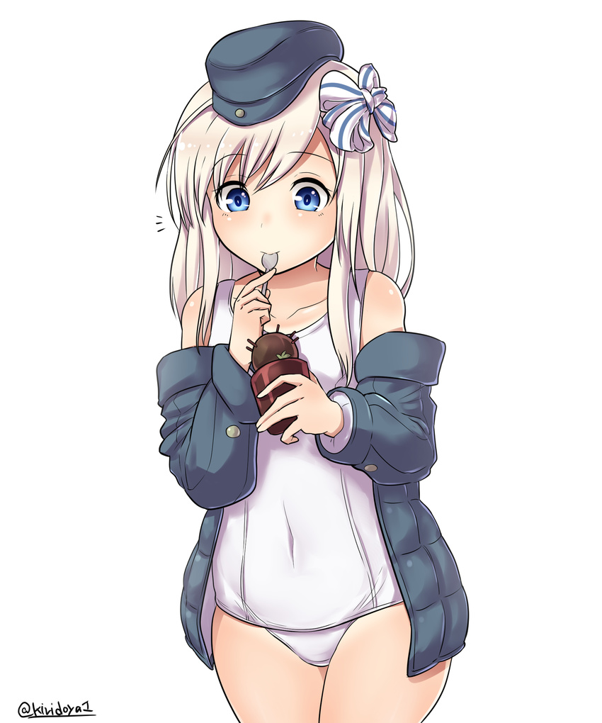 absurdres blonde_hair blue_eyes covered_navel cowboy_shot eating food garrison_cap grey_jacket hair_ribbon hat highres ice_cream jacket kantai_collection kiritto long_hair long_sleeves old_school_swimsuit one-piece_swimsuit open_clothes open_jacket puffy_long_sleeves puffy_sleeves ribbon school_swimsuit signature simple_background solo spoon swimsuit twitter_username u-511_(kantai_collection) white_background white_school_swimsuit white_swimsuit