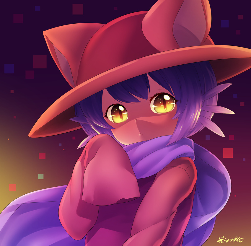 animal_ears born-to-die furry hat highres looking_at_viewer niko_(oneshot) oneshot_(game) purple_hair sleeves_past_wrists slit_pupils solo yellow_eyes