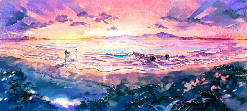 black_hair boat cloud colorful commentary_request dress highres horizon long_hair looking_at_another mountainous_horizon multiple_girls ocean original outdoors plant purple_sky scenery shore short_hair standing sunrise umishima_senbon watercraft waves white_dress