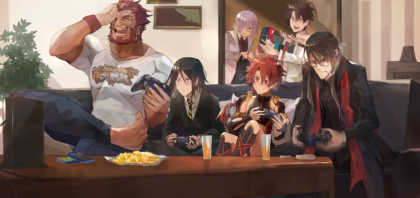 5boys :d ^_^ alexander_(fate/grand_order) bag bangs beard black-framed_eyewear black_dress black_hair black_neckwear blue_eyes braid brown_hair chips cigarette closed_eyes commentary_request controller couch crossed_legs cup dress drink drinking_glass dual_persona facial_hair fate/grand_order fate/zero fate_(series) food formal fujimaru_ritsuka_(male) game_console game_controller glasses grey_eyes hair_between_eyes hair_over_one_eye hands_up highres holding holding_bag hood hoodie indian_style indoors laughing living_room long_hair lord_el-melloi_ii mash_kyrielight mono_(jdaj) motion_blur multiple_boys muscle necktie nintendo_switch on_couch open_clothes open_hoodie open_mouth playing_games playstation_4 potato_chips purple_eyes purple_hair red_eyes red_hair rider_(fate/zero) semi-rimless_eyewear shirt sidelocks single_braid sitting smile smoking spiked_hair striped striped_neckwear suit t-shirt tears teeth tuxedo under-rim_eyewear uniform waver_velvet