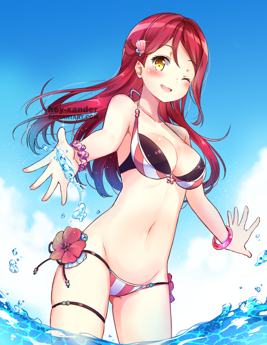 ;d artist_name bikini blush bracelet breasts cleavage commentary cowboy_shot hair_ornament hairclip halterneck hey_xander highres jewelry long_hair looking_at_viewer love_live! love_live!_sunshine!! medium_breasts navel one_eye_closed open_mouth red_hair sakurauchi_riko shell_hair_ornament smile solo swimsuit thigh_strap wading water water_drop watermark yellow_eyes