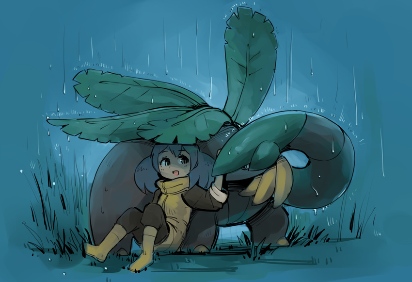 boots borvar coat dark_skin gen_3_pokemon highres petting plant pokemon pokemon_(creature) pokemon_(game) pokemon_xy purple_hair rain rubber_boots sina_(pokemon) sitting smile tropius water wet yellow_footwear