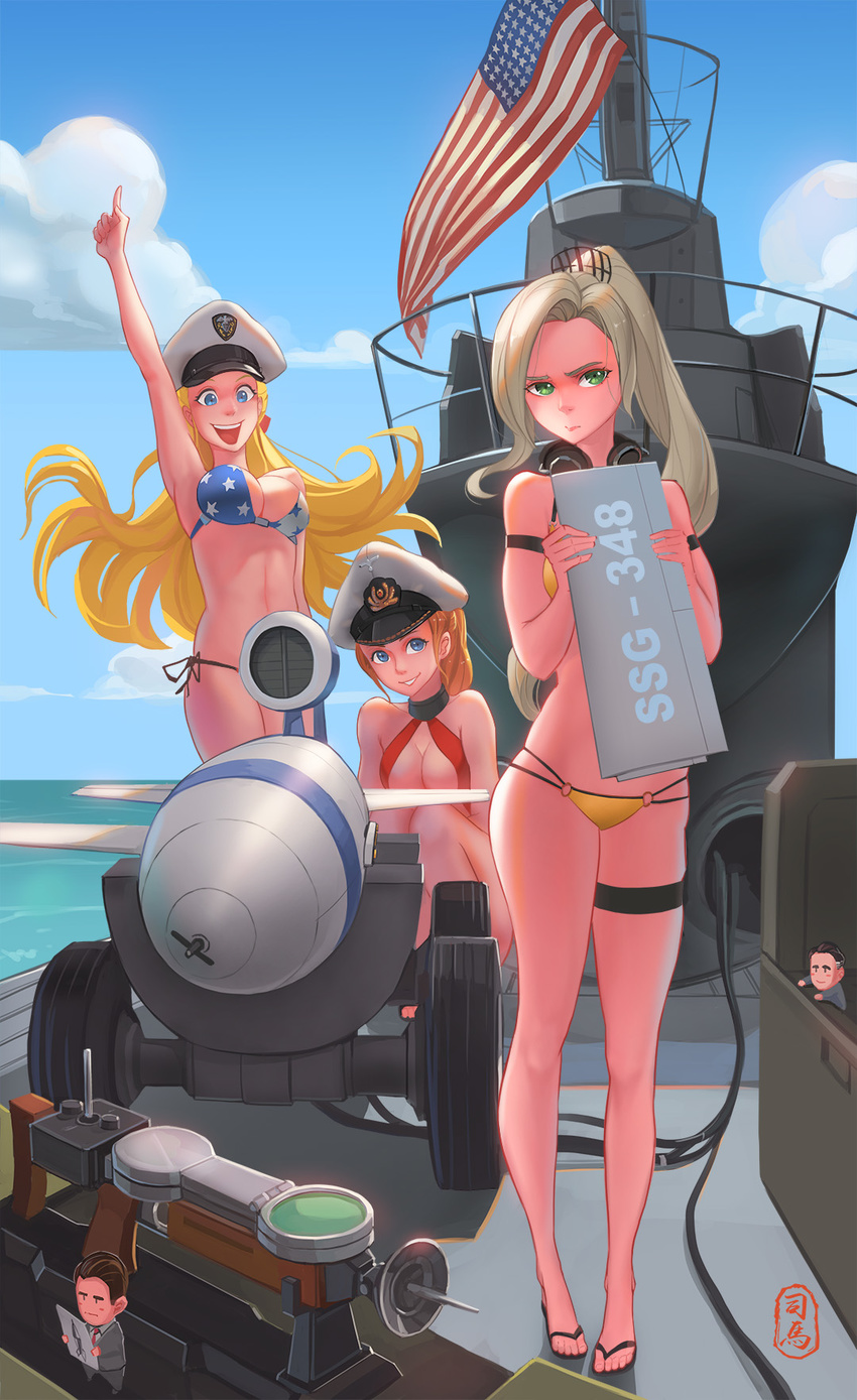 :d american_flag american_flag_bikini bikini blonde_hair blue_eyes cloud commentary_request day fairy_(kantai_collection) flag_print green_eyes hat headphones headphones_around_neck highres long_hair looking_at_viewer multiple_girls ocean open_mouth pacific peaked_cap pointing pointing_up ponytail pout red_bikini red_hair rocket sandals sima_naoteng skindentation smile standing submarine swimsuit thigh_strap u-2513_(pacific) u-552_(pacific) uss_cusk_(ssg-384) watercraft yellow_bikini