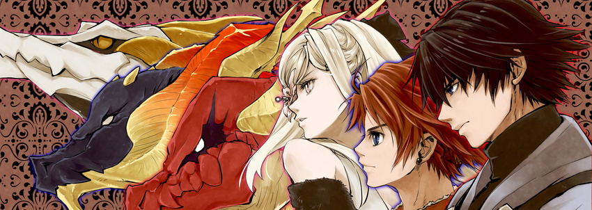 2boys angel_(drag-on_dragoon) blonde_hair blue_eyes bow brown_hair caim drag-on_dragoon drag-on_dragoon_1 drag-on_dragoon_2 drag-on_dragoon_3 dragon earrings flower flower_eyepatch hair_bow highres horns jewelry legna looking_to_the_side mikhail_(drag-on_dragoon) multiple_boys nowe pale_skin parted_lips serious short_hair side-by-side sinluh slit_pupils zero_(drag-on_dragoon)