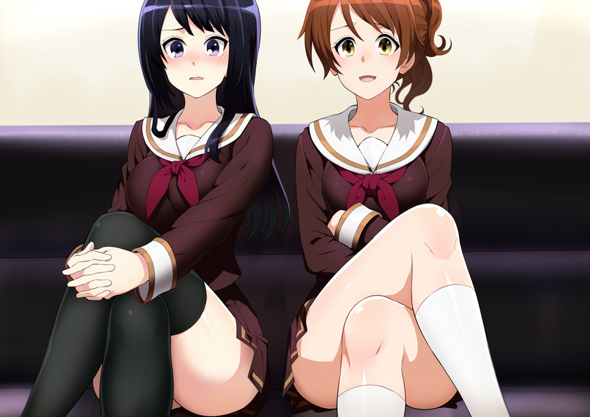 2girls black_legwear blue_eyes blue_hair blush breasts brown_hair brown_skirt character_request collarbone couch crossed_arms hibike!_euphonium highres indoors large_breasts legs legs_crossed long_hair long_sleeves looking_at_viewer multiple_girls parted_lips ponytail sailor_collar school_uniform shin'ya_(shin'yanchi) shiny shiny_skin sitting skirt socks thighhighs thighs white_socks yellow_eyes zettai_ryouiki