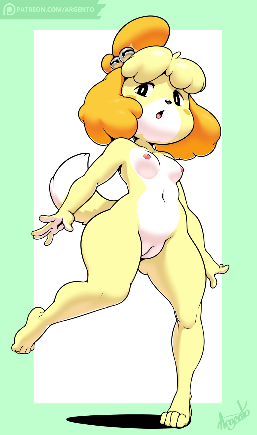 1girl absurdres animal_ears argento artist_name bell black_eyes blonde_hair blush blush_stickers border breasts collarbone dog_ears dog_tail doubutsu_no_mori feet full_body furry green_border hair_bell legs_apart logo looking_to_the_side navel nipples no_humans nude open_mouth patreon pussy shizue_(doubutsu_no_mori) short_hair signature simple_background small_breasts solo standing standing_on_one_leg tail text uncensored web_address white_background