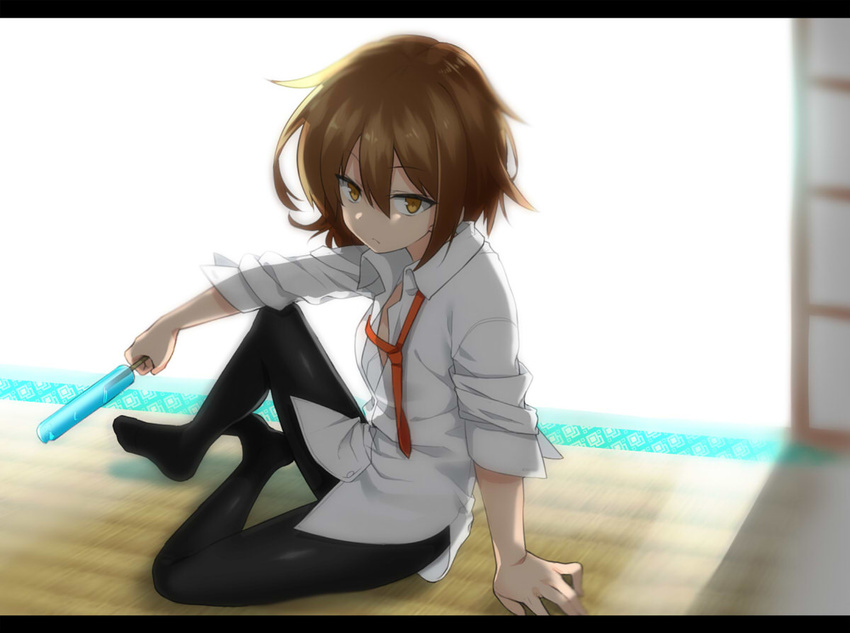 arm_support black_legwear brown_eyes brown_hair closed_mouth covered_nipples dress_shirt expressionless food full_body hair_between_eyes kantai_collection kasu_kazu looking_at_viewer loose_necktie necktie pantyhose popsicle see-through_silhouette shirt short_hair sitting solo wakaba_(kantai_collection) white_shirt