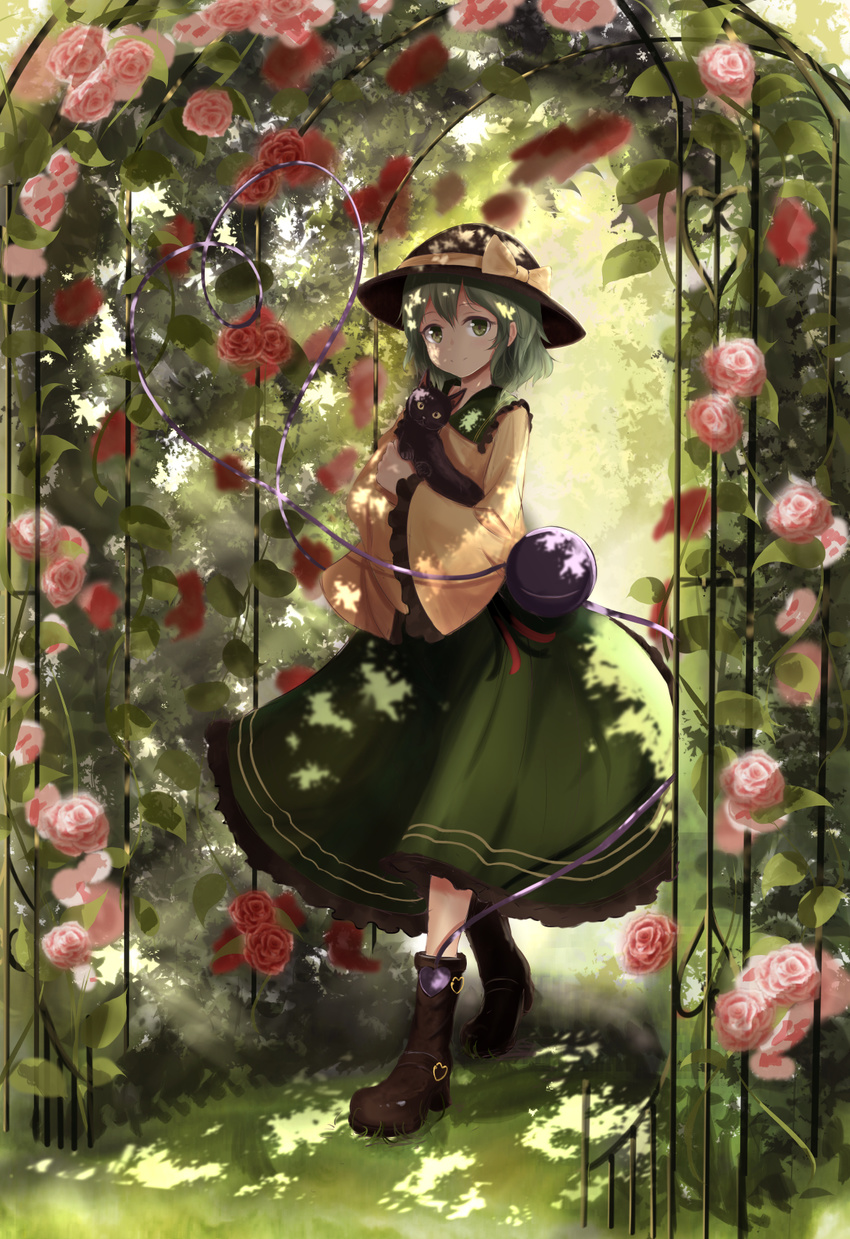 animal black_cat black_hat boots bow brown_footwear cat day flower green_eyes green_hair green_skirt hat hat_bow heart highres holding holding_animal kaenbyou_rin kaenbyou_rin_(cat) komeiji_koishi long_sleeves looking_at_viewer outdoors pink_flower pink_rose red_flower red_rose revision rose shirt skirt solo standing summer third_eye touhou wide_sleeves yellow_bow yellow_shirt yukitourou