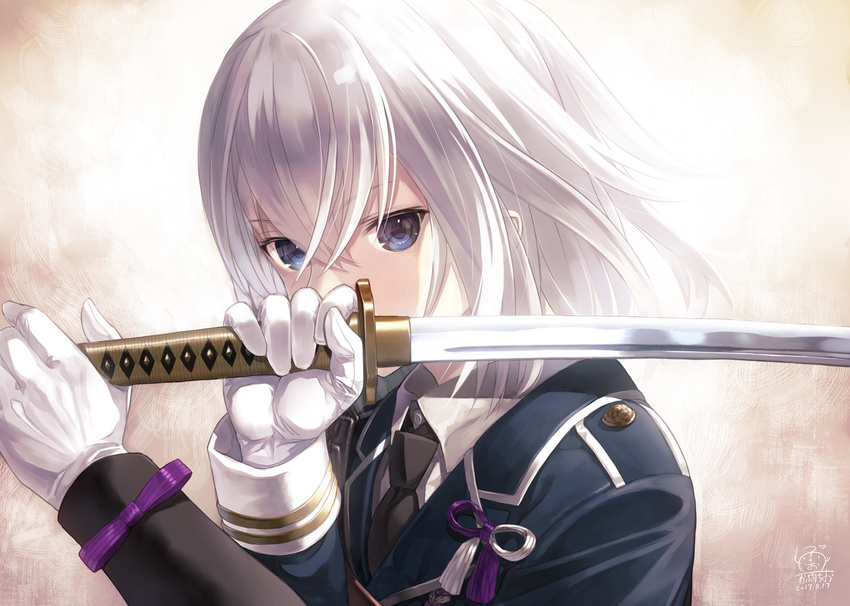 androgynous artist_name bangs black_neckwear blue_eyes capriccio collared_shirt commentary_request dated gloves hair_between_eyes heart holding holding_sword holding_weapon honebami_toushirou katana looking_at_viewer male_focus military military_uniform necktie shirt signature silver_hair solo sword touken_ranbu uniform upper_body weapon white_gloves white_hair