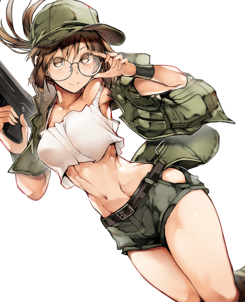 armpits baseball_cap belt breasts brown_eyes brown_hair fio_germi glasses gun hat highres medium_breasts metal_slug midriff military navel nishiide_kengorou ponytail shorts solo vest weapon