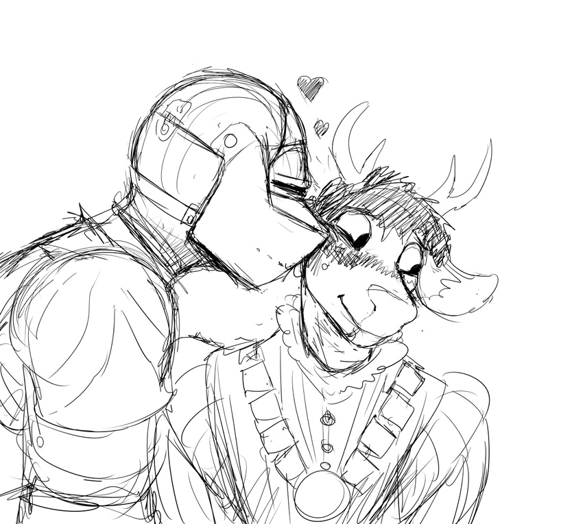 &lt;3 ambiguous_gender anthro armor black_and_white blush cat cat_knight cervine clothed clothing cute deer deer_prince duo feline fully_clothed helmet hladilnik kissing male mammal medieval monochrome smile