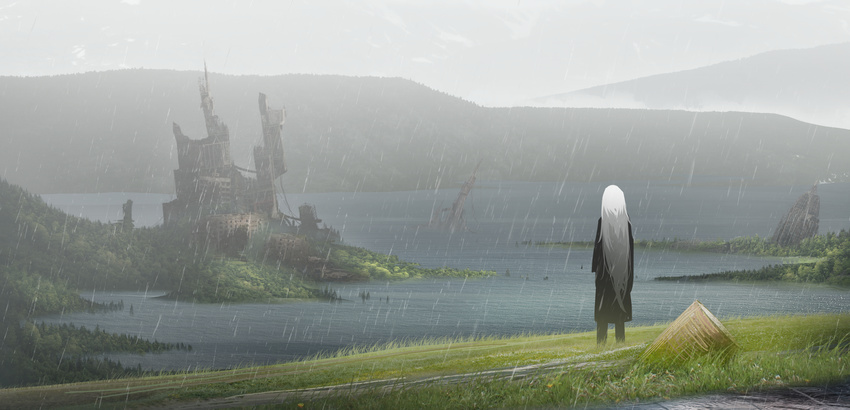 asuteroid bad_id bad_pixiv_id building commentary_request from_behind highres iz_(asuteroid) lake long_hair mountain mountainous_horizon original post-apocalypse rain road ruins scenery skyscraper solo standing very_long_hair very_wide_shot white_hair