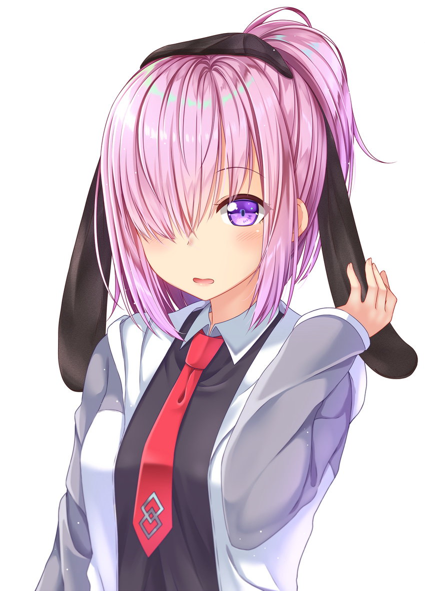 alternate_costume alternate_hairstyle animal_ears bangs black_shirt blush breasts bunny_ears collared_shirt commentary_request eyebrows_visible_through_hair eyelashes fake_animal_ears fate/grand_order fate_(series) gurande_(g-size) hair_between_eyes hair_ornament hair_over_one_eye hand_up highres hood hood_down hooded_jacket hoodie jacket long_sleeves looking_at_viewer mash_kyrielight medium_breasts necktie open_clothes open_hoodie open_mouth pantyhose pantyhose_on_head pink_hair ponytail purple_eyes red_neckwear shiny shiny_hair shirt short_hair simple_background skirt solo standing upper_body white_background wing_collar