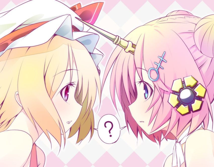 ? argyle argyle_background blonde_hair blue_eyes bow commentary double_bun eye_contact fang fate/apocrypha fate/grand_order fate_(series) flandre_scarlet frankenstein's_monster_(fate) frankenstein's_monster_(swimsuit_saber)_(fate) from_side hair_ornament hat hat_bow looking_at_another mob_cap multiple_girls namesake nirap open_mouth pink_eyes pink_hair portrait profile red_bow shared_speech_bubble short_hair speech_bubble spoken_question_mark touhou white_hat