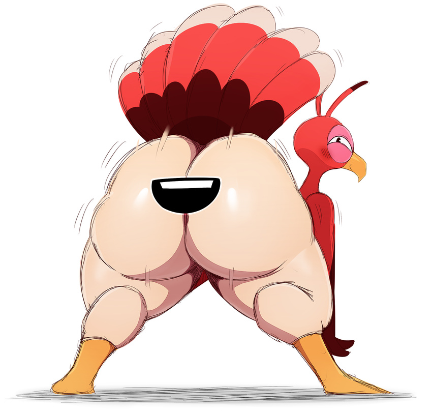 :d ambiguous_gender avian barefoot beak big_butt bird butt butt_mouth convenient_censorship feathers feral looking_at_viewer looking_back miitopia nintendo nude open_mouth presenting presenting_hindquarters smile solo spread_legs spreading squint sssonic2 standing t teeth thick_thighs turkey twerkey video_games
