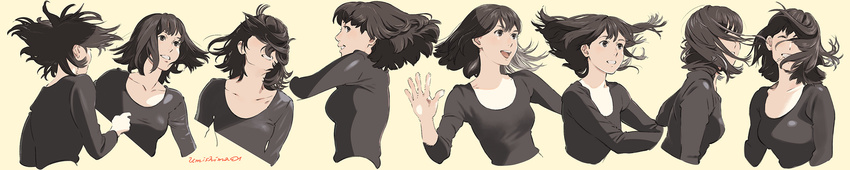 bangs black_eyes black_hair black_shirt breasts collarbone commentary cropped_torso dancing highres long_image looking_away medium_breasts medium_hair multiple_views open_mouth original shirt signature simple_background smile umishima_senbon wide_image yellow_background