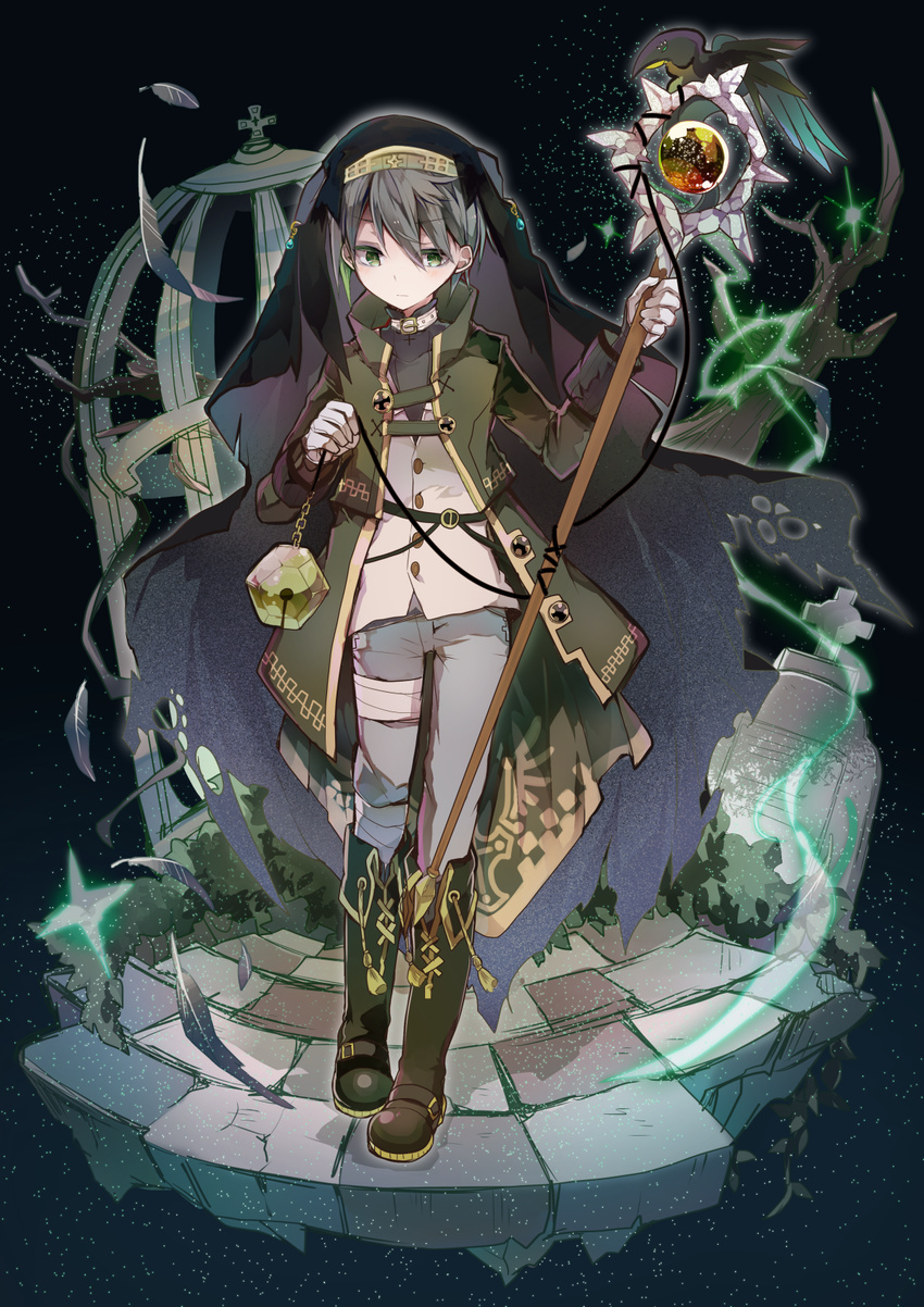bad_id bad_pixiv_id bandaged_leg bandages blue_pants blush boots buttons cage choker closed_mouth commentary_request cyawa eyebrows_visible_through_hair fantasy feathers full_body gloves green_eyes green_jacket grey_hair hair_between_eyes headband highres holding holding_staff jacket knee_boots long_sleeves looking_down magic male_focus open_clothes open_jacket original pants shirt solo staff standing stone_floor tombstone veil walking white_gloves white_shirt