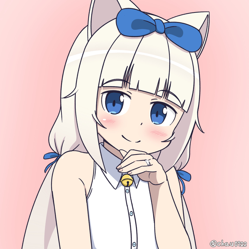 animal_ears bangs bare_shoulders bell blue_eyes blunt_bangs blush bow cat_ears chau commentary eyebrows_visible_through_hair hair_bow hair_ribbon highres jewelry jingle_bell long_hair looking_at_viewer low_twintails nekopara pink_background ribbon ring shirt sleeveless sleeveless_shirt smile solo twintails twitter_username upper_body vanilla_(sayori) wedding_band white_hair white_shirt