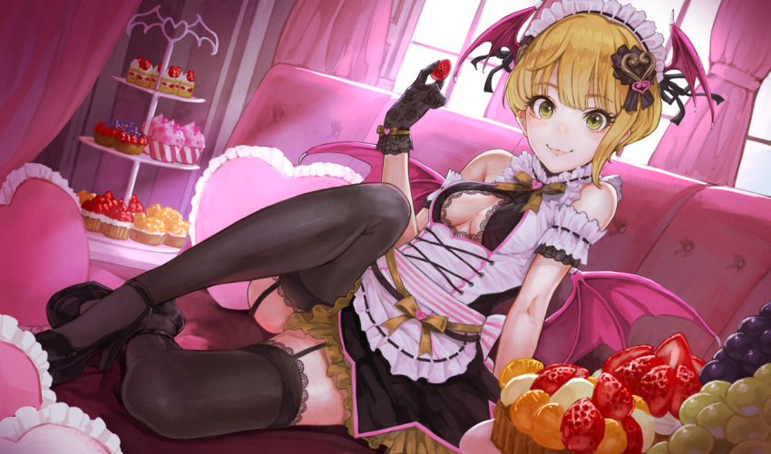 1girl :3 apron bare_shoulders black_gloves black_legwear blonde_hair breasts cake_stand cleavage cupcake curtains cushion food fruit garter_straps gloves grapes green_eyes hair_ornament head_wings heart high_heels idolmaster idolmaster_cinderella_girls indoors looking_at_viewer maid_headdress mary_janes miyamoto_frederica shoes short_hair shortcake sitting sleeveless solo strawberry tart_(food) thighhighs window wings yasukura_(shibu11)