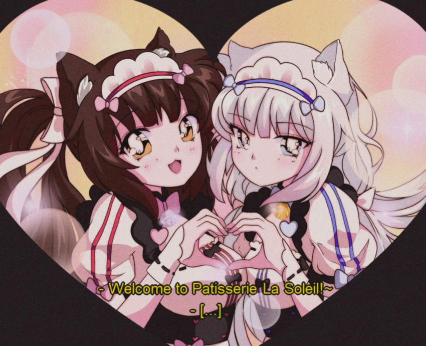 2girls :&lt; :3 :d animal_ear_fluff animal_ears blue_eyes brown_hair cat_ears chocola_(sayori) commentary english english_commentary eyebrows_visible_through_hair hair_ribbon heart heart_hands heart_hands_duo highres komi_shou long_hair looking_at_viewer low_twintails maid maid_headdress multiple_girls nekopara oldschool open_mouth puffy_short_sleeves puffy_sleeves ribbon short_sleeves smile subtitled twintails uniform vanilla_(sayori) white_hair white_ribbon wrist_cuffs yellow_eyes