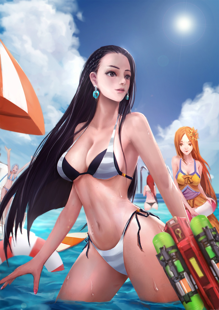 4girls ass bikini blue_hair breasts brown_hair caitlyn cleavage jinx_(league_of_legends) katarina_du_couteau league_of_legends leona_(league_of_legends) multiple_girls navel orange_hair pool red_hair riot_games summer swimsuit wet