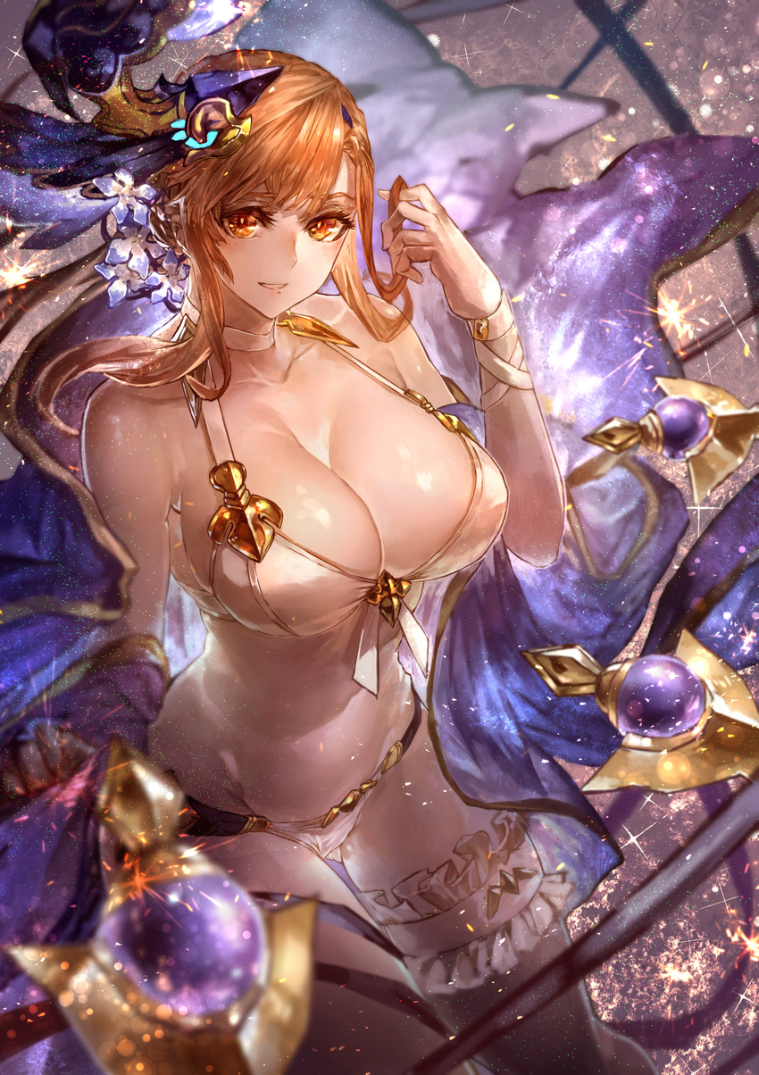 arm_at_side ass_visible_through_thighs bare_arms bare_shoulders bikini bracelet breasts brown_eyes brown_hair choker cleavage collarbone cowboy_shot flower front-tie_bikini front-tie_top glint granblue_fantasy groin hair_flower hair_ornament hair_twirling halter_top halterneck hand_in_hair hand_up highres jewelry large_breasts leg_garter long_hair looking_at_viewer no_navel open_mouth orange_eyes orange_hair parted_lips sidelocks signo_aaa smile solo song_(granblue_fantasy) sparkle swimsuit thigh_strap white_choker