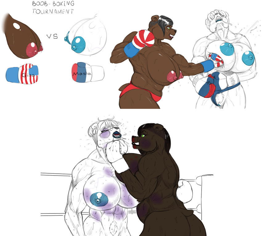 2017 anthro bear belly big_breasts big_butt black_hair blood boxer_(disambiguation) boxing_gloves breasts brown_fur bruised butt female fight fur green_eyes hair hellbridge invalid_tag mammal muscular muscular_female nipples nude polar_bear pubes punch pussy russia slightly_chubby sweat teeth united_states_of_america white_fur white_hair