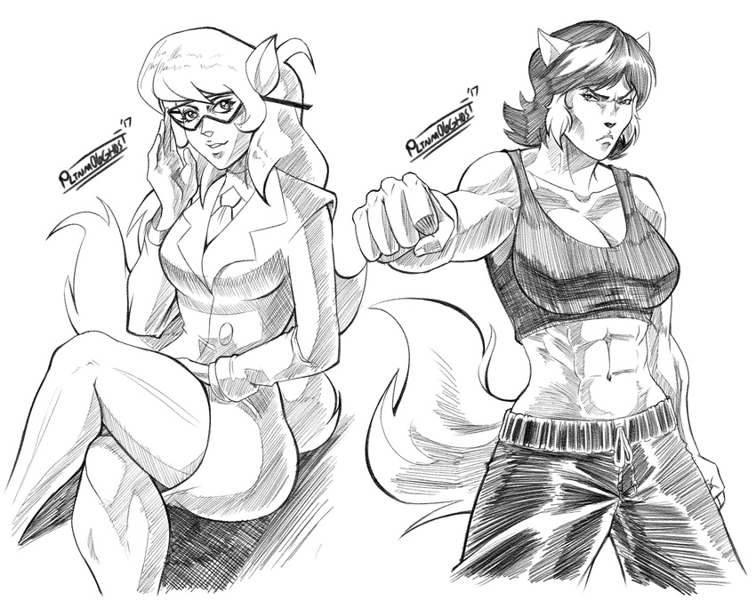 2017 abs anthro big_breasts bra breasts business_suit callie_briggs cat cleavage clothed clothing crossed_legs duo eyewear felina_feral feline female frown glasses greyscale hair long_hair looking_at_viewer mammal midriff monochrome muscular muscular_female navel pltnm06ghost short_hair shorts smile sports_bra suit swat_kats underwear