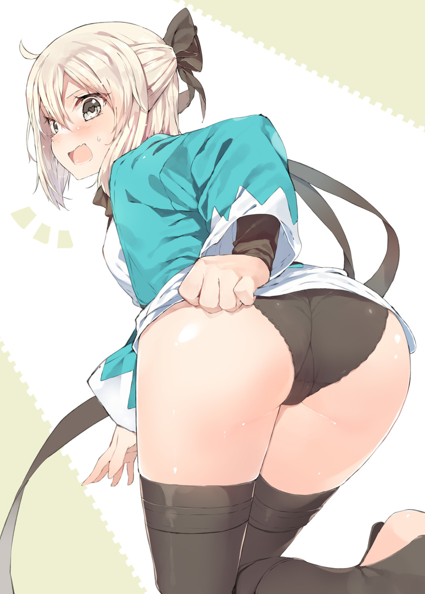 1girl absurdres ahoge arm_at_side arm_behind_back arm_guards ass bangs bent_over black_bow black_legwear black_panties black_scarf blonde_hair blush bow breasts clothes_tug cowboy_shot embarrassed eyebrows_visible_through_hair fate_(series) fingernails from_behind grey_eyes hair_between_eyes hair_bow hair_ornament half_updo haori heart heart-shaped_pupils highres japanese_clothes kimono koba koha-ace layered_sleeves leg_up legs_together light_brown_hair long_sleeves looking_at_viewer looking_back okita_souji_(fate) okita_souji_(fate)_(all) open_mouth panties ponytail sash scarf shiny shiny_skin short_hair short_kimono small_breasts solo standing standing_on_one_leg sweatdrop symbol-shaped_pupils thick_thighs thighhighs thighs toeless_legwear trefoil turtleneck underwear white_kimono yellow_eyes
