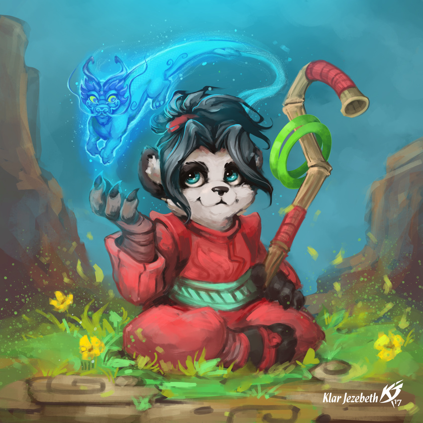 anthro bear blue_eyes clothing dragon female grass heroes_of_the_storm hi_res klar_jezebeth li_li_stormstout mammal panda pandaren signature sitting spirit staff video_games warcraft