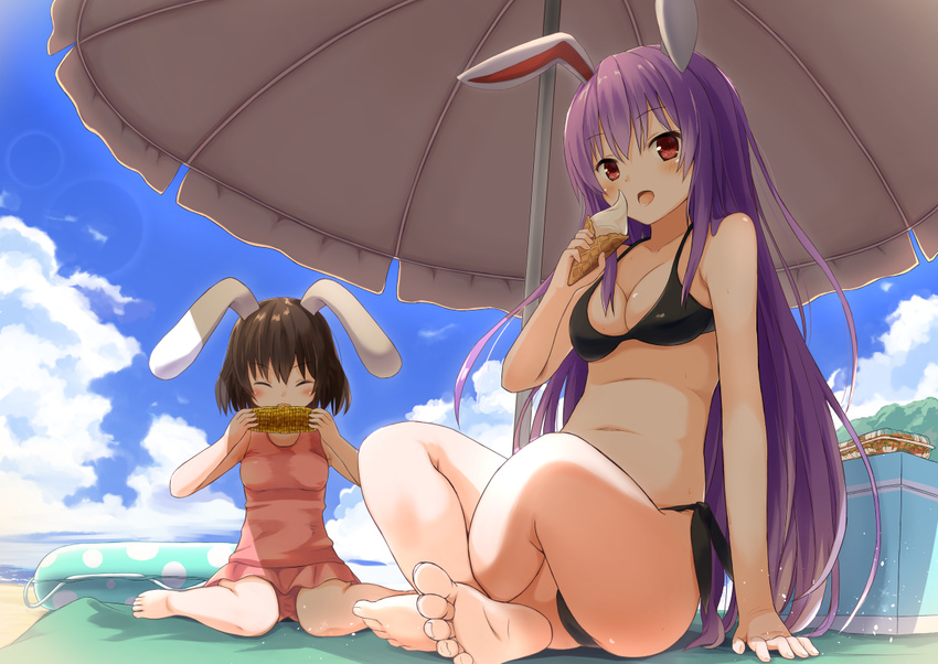 animal_ears bangs bare_arms bare_legs barefoot beach_towel beach_umbrella bikini black_bikini black_hair blue_sky bluekalmia breasts bunny_ears cleavage closed_eyes cloud cloudy_sky cooler corn crossed_legs day eating feet food ice_cream inaba_tewi innertube long_hair medium_breasts multiple_girls outdoors pink_swimsuit purple_hair red_eyes reisen_udongein_inaba sitting sky smile soles summer swimsuit touhou towel umbrella very_long_hair