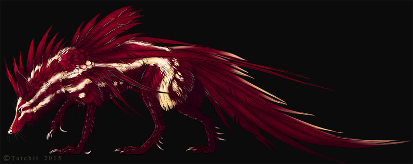 2015 ambiguous_gender black_background canine feathers feral fur hybrid mammal red_feathers red_fur simple_background solo tatchit white_nose