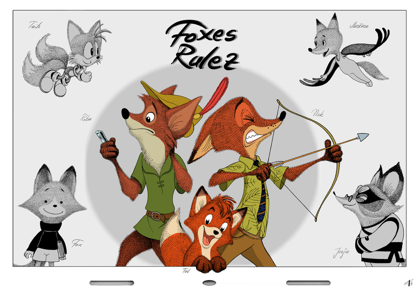 anthro arrow bow_(weapon) bycocket canine clothed clothing disney fox fox_and_the_hound fur hat holding_object holding_weapon junjie_ku_(kung_fu_panda) kung_fu_panda lagomorph lisyonik male mammal miles_prower nick_wilde nik159 phone ranged_weapon robin_hood robin_hood_(disney) simple_background sonic_(series) strawberry_rain_(1990) the_dam_keeper tod weapon zootopia