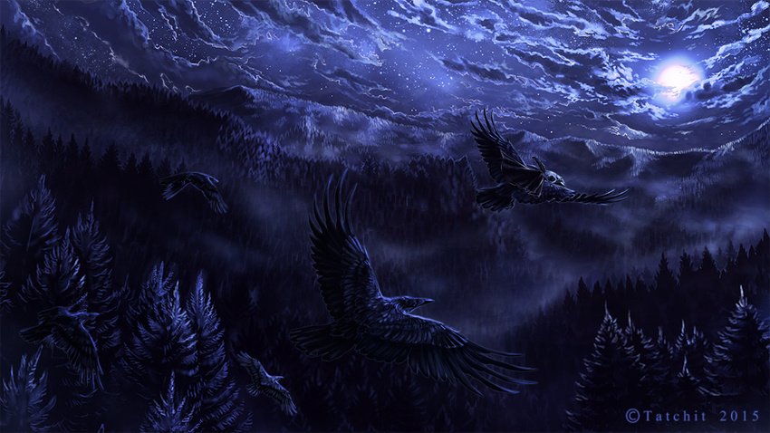 2015 ambiguous_gender avian bird black_feathers corvid crow detailed_background duo feathered_wings feathers feral flying moon night sky star starry_sky tatchit wings