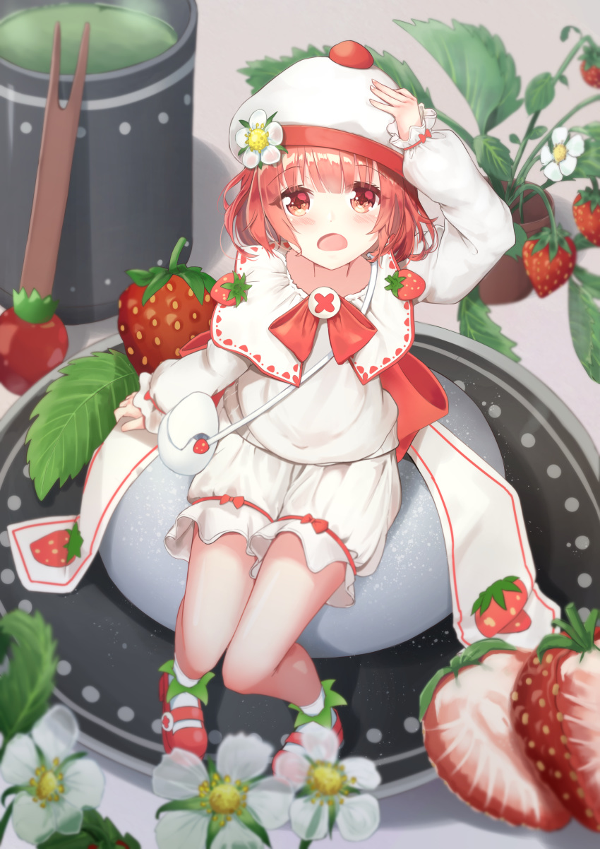 1girl :o absurdres arm_up bag bangs beret bloomers blurry blurry_background blush commentary_request cup daifuku depth_of_field dot_nose eyebrows_visible_through_hair fingernails flower flower_pot food food_fantasy food_themed_clothes fruit full_body green_tea hand_on_headwear hat hat_flower highres ichigo_daifuku_(food_fantasy) in_food long_sleeves looking_at_viewer mary_janes minigirl nail_polish open_mouth plate pottery red_eyes red_footwear red_hair seero shirt shoes shoulder_bag sitting sleeves_past_wrists socks solo strawberry strawberry_blossoms tea underwear wagashi white_bloomers white_flower white_hat white_legwear white_nails white_shirt