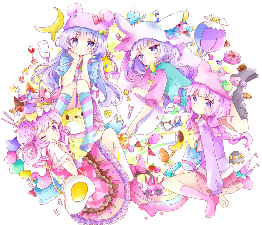 ;q aircraft animal_hat aqua_shirt arrow baby_bottle bad_id bad_pixiv_id bangs bear_hat bird black_legwear blue_bow blue_hat blue_shirt blunt_bangs blush bottle bow braid bunny_hat cake cake_hair_ornament candy cat_hat chin_rest chocolate_banana chocolate_chip_cookie clam_shell convenient_censoring crescent_moon cup cupcake diagonal_stripes double_scoop dress duck eighth_note eyebrows_visible_through_hair finger_to_mouth food food_themed_hair_ornament fried_egg frilled_dress frilled_shirt frilled_shoes frills fruit gem giraffe green_bow hair_bun hair_ornament hair_rings hairband_removed hand_mirror hat hat_removed head_tilt headwear_removed heart_balloon high_heels highres hot_air_balloon ice_cream ice_cream_cone jellyfish kneehighs layered_skirt lollipop long_sleeves looking_at_viewer looking_to_the_side low_twintails lying melting mirror moon mouth_hold multiple_girls musical_note nail_polish_bottle no_shoes on_side one_eye_closed original paint paint_tube pennant pill pink_bow pink_dress pink_footwear pink_hair pink_legwear pink_skirt pleated_skirt print_legwear puffy_short_sleeves puffy_sleeves purple_eyes purple_hair purple_shirt purple_skirt puzzle_piece red_bow saucer shark shirt shoes short_sleeves sitting skirt sleeveless sleeveless_dress slice_of_cake smiley_face sparkle star starfish strawberry striped striped_legwear stuffed_animal stuffed_bunny stuffed_cat stuffed_toy sunny_side_up_egg takoyaki tea teacup tongue tongue_out tsukiyo_(skymint) twin_braids twintails ufo undershirt wariza water_gun white_legwear white_shirt wide_sleeves