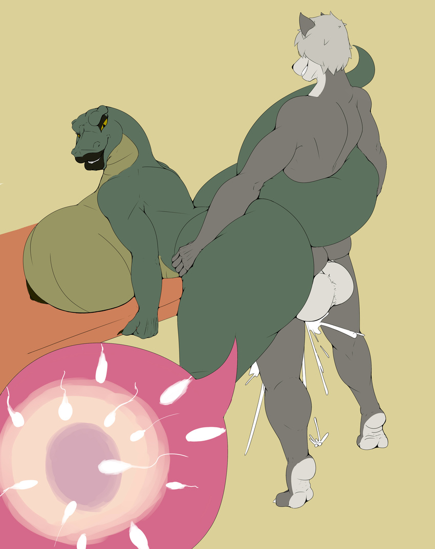 angrypotato96 anthro balls big_balls big_breasts big_butt breasts butt canine cum cum_inside duo female huge_breasts hyper hyper_breasts impregnation male male/female mammal nude olivia_(character) reptile scalie sex slightly_chubby smile snake standing thick_thighs