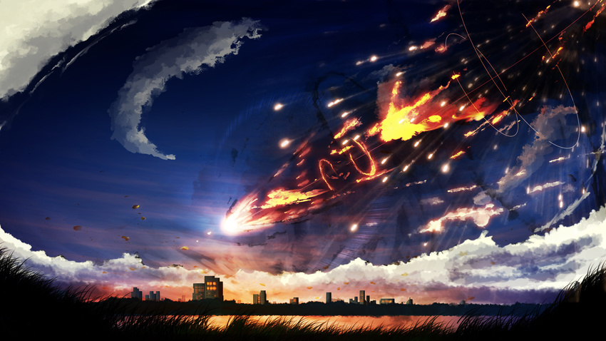 building city cloud commentary_request fire flare grass highres lake meteor night night_sky no_humans original scenery sky y_y_(ysk_ygc)