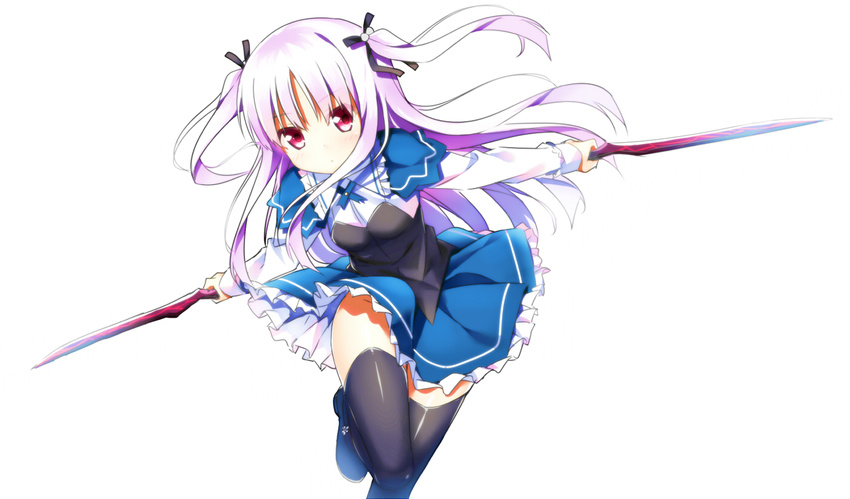 absolute_duo bangs black_footwear black_legwear black_ribbon blue_skirt blush breasts commentary dual_wielding eyebrows_visible_through_hair frilled_skirt frills hair_bobbles hair_ornament hair_ribbon hatsunatsu holding holding_weapon leaning_to_the_side long_hair long_sleeves purple_hair red_eyes ribbon shirt shoes simple_background skirt small_breasts solo standing standing_on_one_leg sword thighhighs two_side_up weapon white_background white_shirt yurie_sigtuna