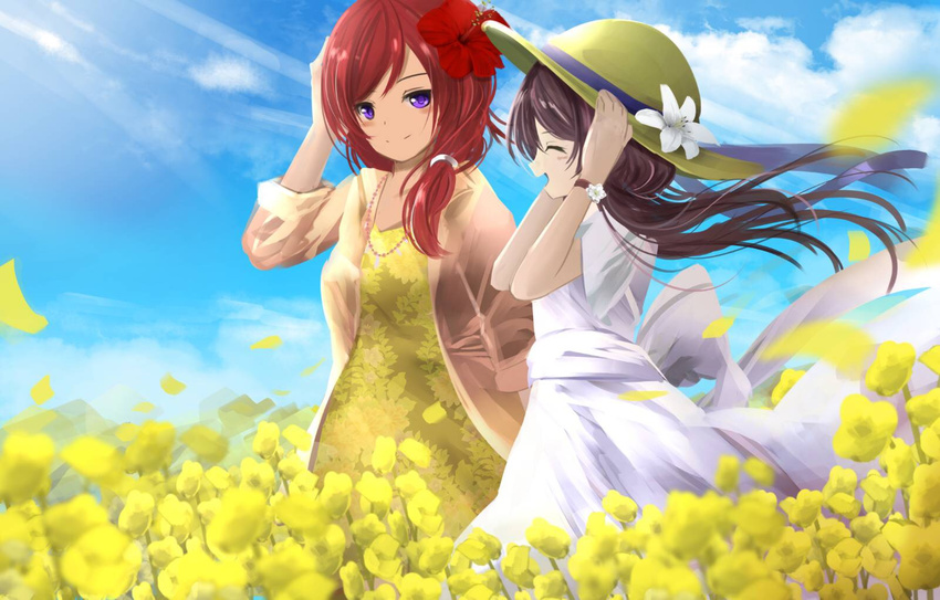 alternate_hairstyle black_hair blue_sky blush closed_eyes cloud commentary_request day dress field flower flower_field hair_flower hair_ornament hat highres jacket jewelry long_hair looking_at_another love_live! love_live!_school_idol_project low_ponytail multiple_girls necklace nishikino_maki open_mouth orein purple_eyes red_hair sky smile sundress twintails white_dress yazawa_nico yellow_dress