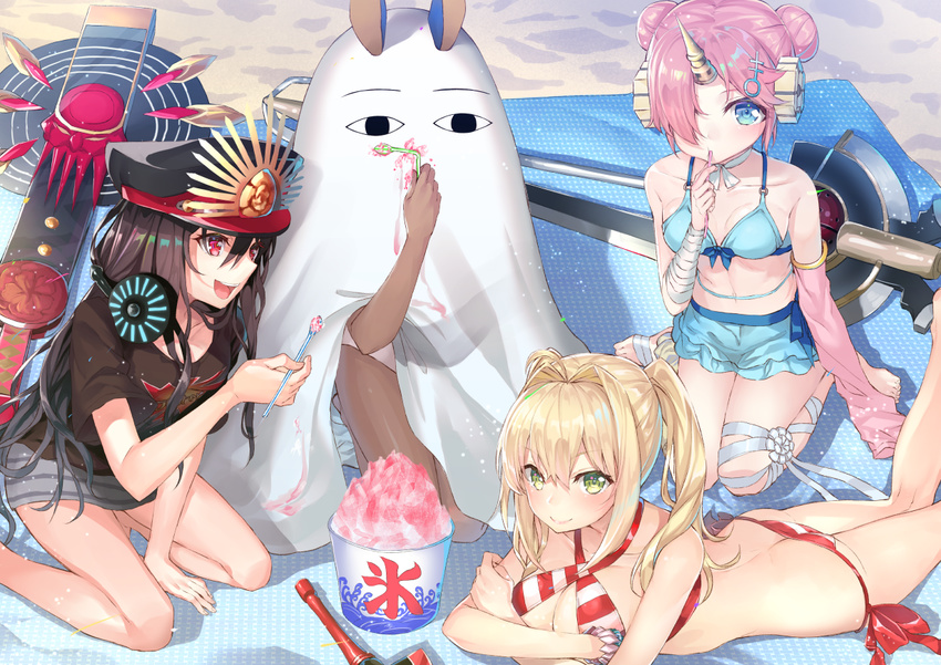 &lt;o&gt;_&lt;o&gt; ahoge ass bangs beach bed_sheet between_legs bikini bikini_skirt black_hair black_shirt blonde_hair blue_bikini blue_eyes blush breasts buster_shirt butt_crack closed_mouth collarbone commentary_request cosplay criss-cross_halter dark_skin day double_bun fate/apocrypha fate/extra fate/grand_order fate_(series) food frankenstein's_monster_(fate) frankenstein's_monster_(swimsuit_saber)_(fate) green_eyes grey_skirt hair_between_eyes hair_intakes hair_ornament hair_over_one_eye hakuishi_aoi halter_top halterneck hand_between_legs hand_up hat holding holding_food holding_spoon horn kneeling kneepits koha-ace large_breasts leg_ribbon legs_together long_hair looking_at_viewer lying medium_breasts medjed medjed_(cosplay) military_hat multiple_girls navel nero_claudius_(fate)_(all) nero_claudius_(swimsuit_caster)_(fate) nitocris_(fate/grand_order) nitocris_(swimsuit_assassin)_(fate) oda_nobunaga_(fate) oda_nobunaga_(swimsuit_berserker)_(fate) on_stomach one-piece_swimsuit open_mouth outdoors peaked_cap pink_hair red_bikini red_eyes ribbon sand seiza shaved_ice shirt short_sleeves side-tie_bikini sidelocks sitting skirt smile spoon striped striped_bikini striped_skirt swimsuit sword t-shirt thighs towel twintails weapon white_ribbon white_swimsuit