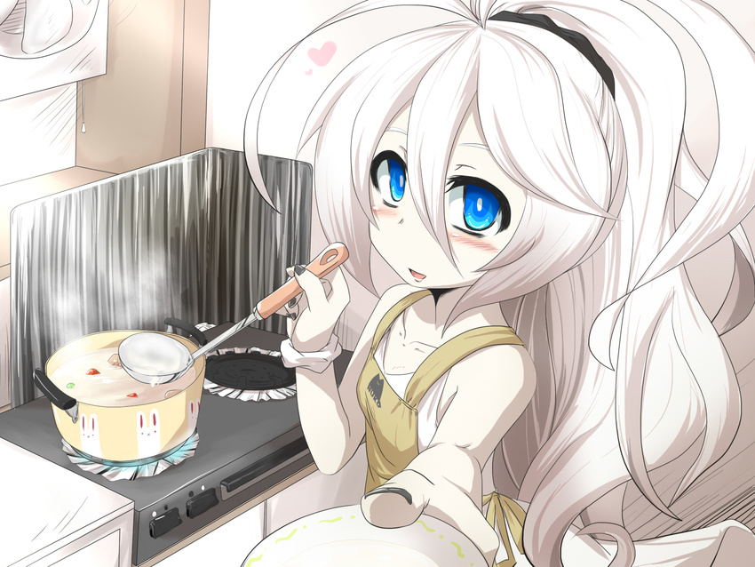 apron black_nails black_scrunchie blue_eyes blush comic commentary_request cooking dress fan foreshortening goma_(gomasamune) hair_between_eyes hair_ornament hair_scrunchie heart highres kantai_collection ladle looking_at_viewer nail_polish open_mouth outstretched_arm ponytail pov saucer scrunchie shinkaisei-kan sleeveless sleeveless_dress smile solo stew stove submarine_new_hime translation_request white_hair wrist_scrunchie