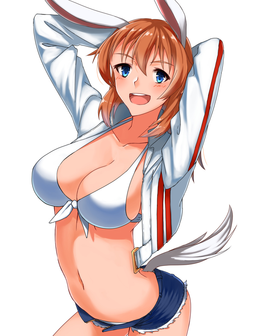 absurdres animal_ears bikini blue_eyes blush breasts brown_hair bunny_ears charlotte_e_yeager highres hiroshi_(hunter-of-kct) large_breasts navel open_mouth short_shorts shorts simple_background smile solo strike_witches swimsuit tail white_background white_bikini world_witches_series